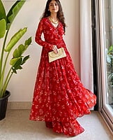 Floral Printed Georgette Angrakha Gown-Red-1 Floral Printed Georgette Angrakha Gown-Red-1