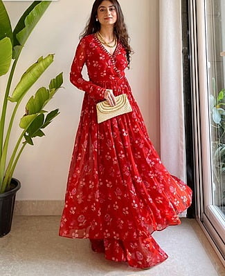 Floral Printed Georgette Angrakha Gown-Red-1