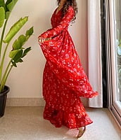 Floral Printed Georgette Angrakha Gown-Red-2 Floral Printed Georgette Angrakha Gown-Red-2