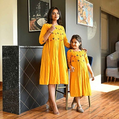 Alluring Mother Daughter Dress Combo Catalogue 3-Mustard-1