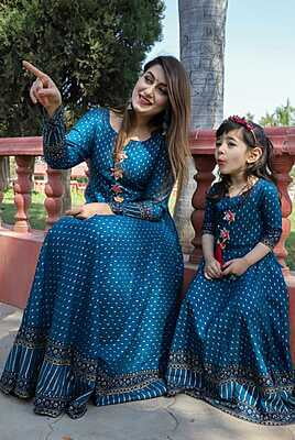 Alluring Mother Daughter Gown Combo Catalogue 4-PetrolBlue-1