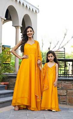 Alluring Mother Daughter Gown-Dupatta Combo Catalogue 1-Mustard-1